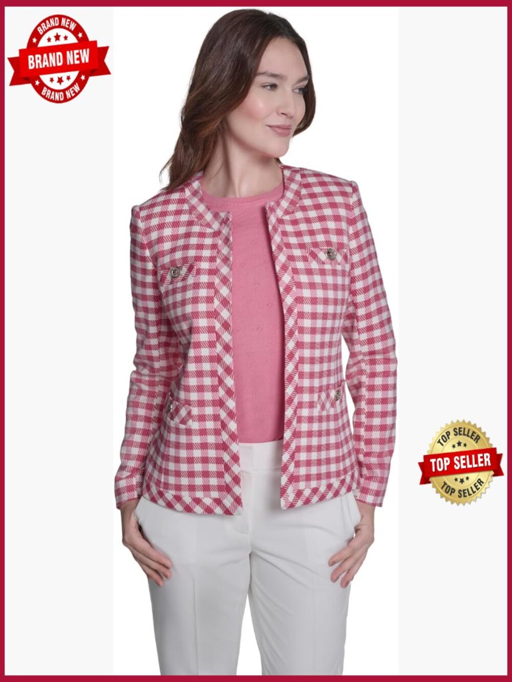 Checked Bandcollar No Closure Blazer Jacket Pull-On Style Women's Blazer